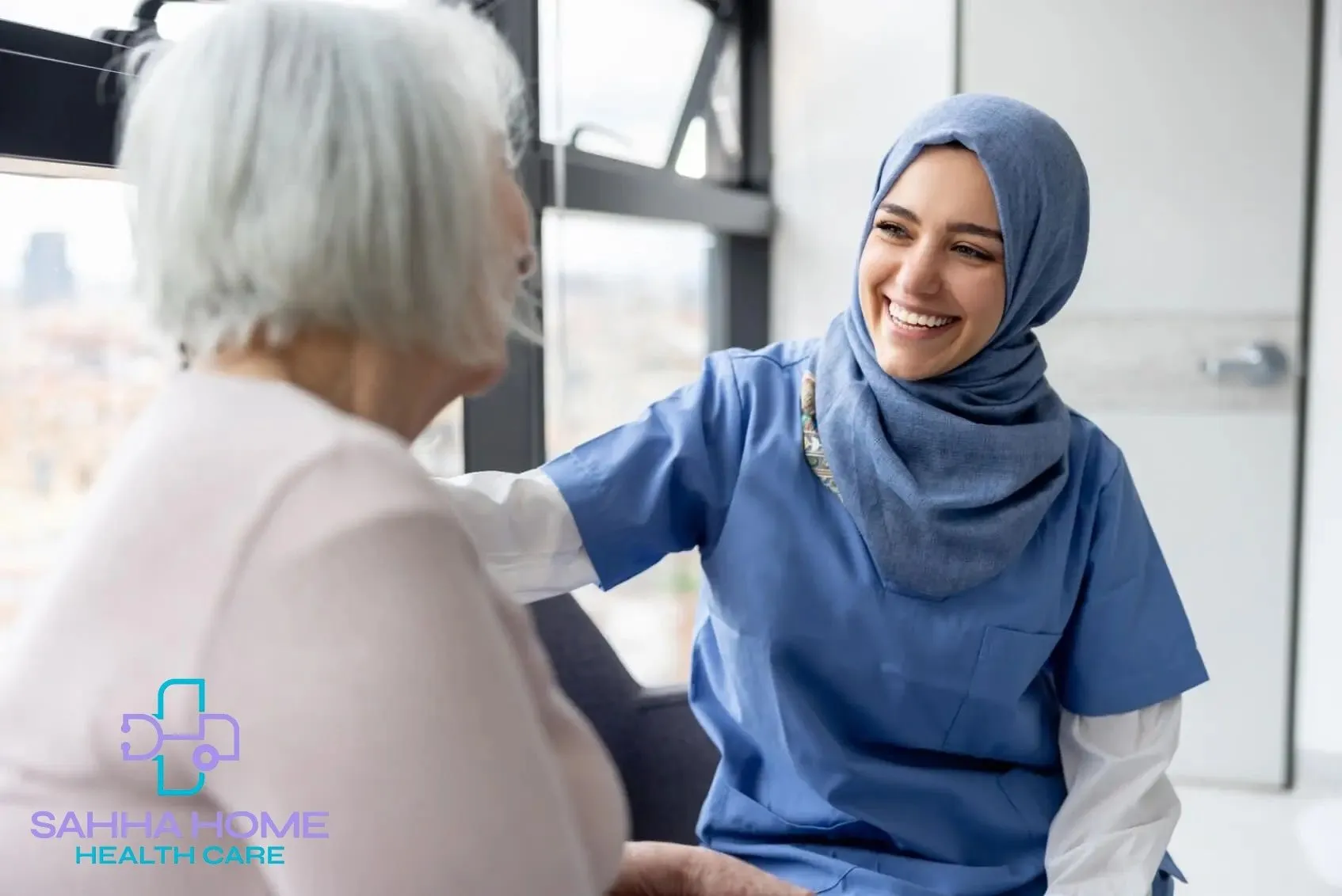 Caregiver offering attentive support to an older woman