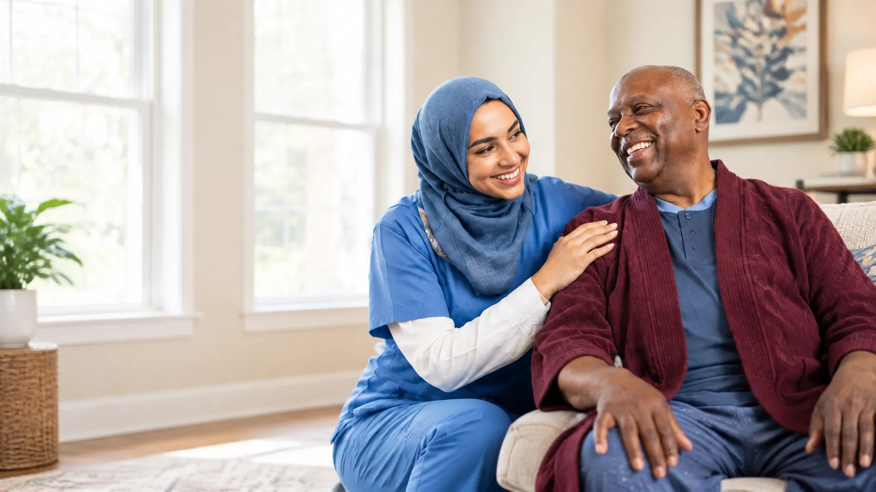 A caregiver sharing a warm moment with an older adult at home